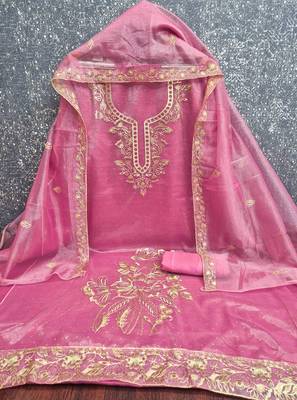 pink organza embroidered unstitched dressmaterials 3 pair top bottom dupptaa 3