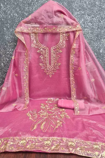 pink organza embroidered unstitched dressmaterials 3 pair top bottom dupptaa