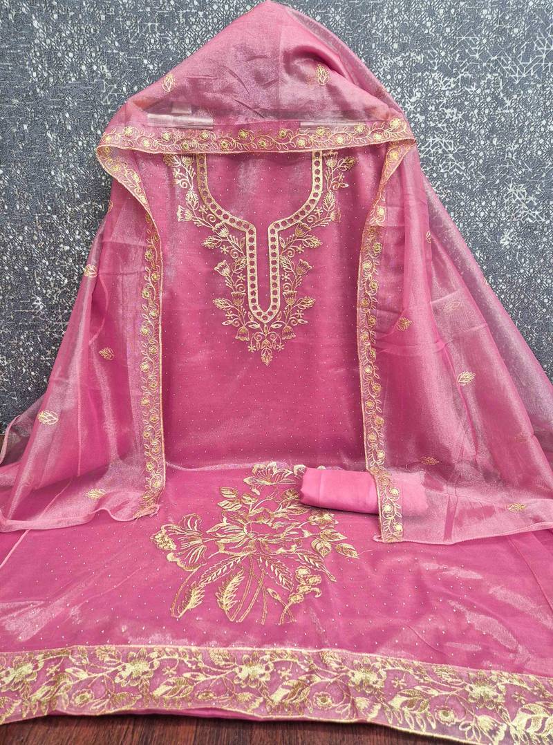 pink organza embroidered unstitched dressmaterials 3 pair top bottom dupptaa