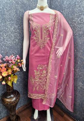 pink organza embroidered unstitched dressmaterials 3 pair top bottom dupptaa 4