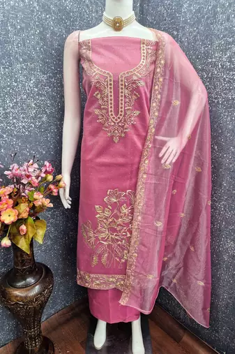 pink organza embroidered unstitched dressmaterials 3 pair top bottom dupptaa