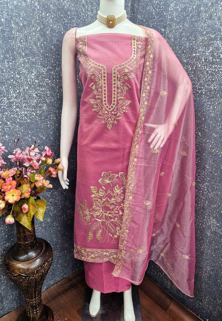 pink organza embroidered unstitched dressmaterials 3 pair top bottom dupptaa
