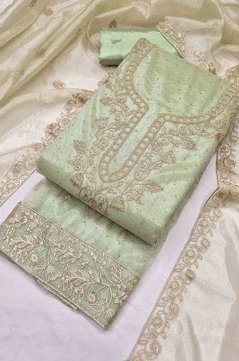 sea green organza embroidered unstitched dressmaterials 3 pair top bottom dupptaa