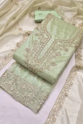 sea green organza embroidered unstitched dressmaterials 3 pair top bottom dupptaa