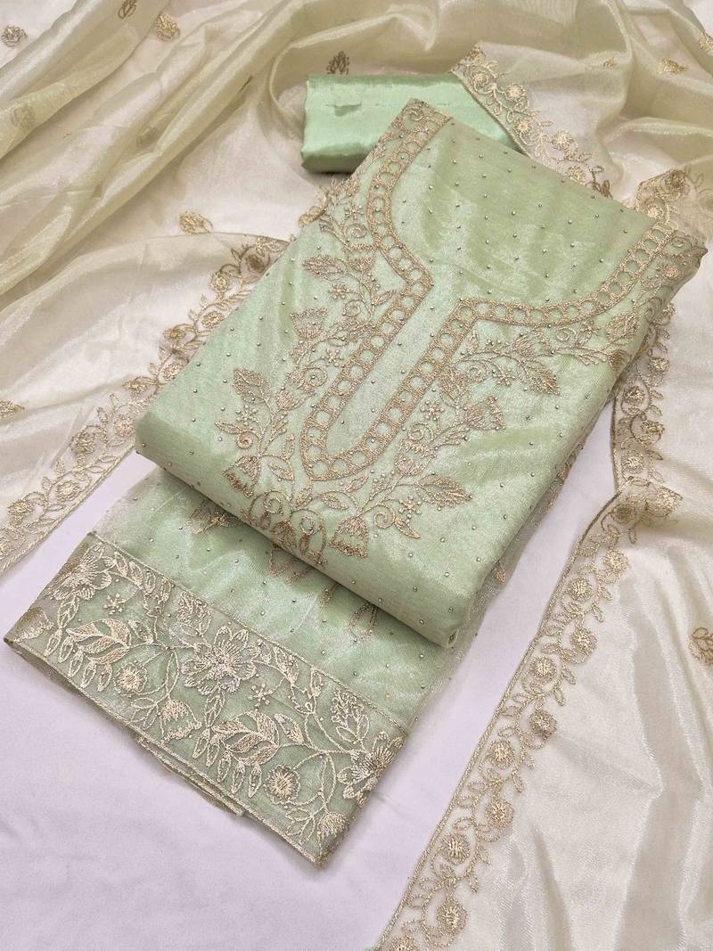 sea green organza embroidered unstitched dressmaterials 3 pair top bottom dupptaa