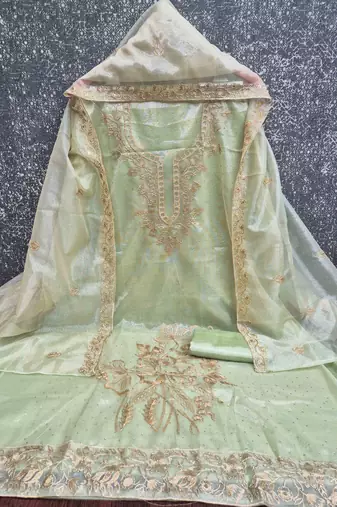 sea green organza embroidered unstitched dressmaterials 3 pair top bottom dupptaa