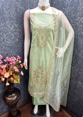 sea green organza embroidered unstitched dressmaterials 3 pair top bottom dupptaa 3