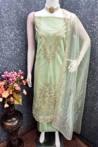 sea green organza embroidered unstitched dressmaterials 3 pair top bottom dupptaa