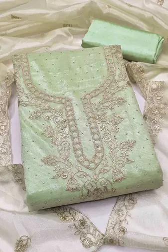 sea green organza embroidered unstitched dressmaterials 3 pair top bottom dupptaa