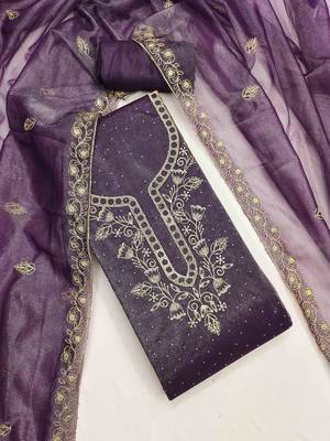 purple organza embroidered unstitched dressmaterials 3 pair top bottom dupptaa 1