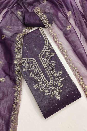purple organza embroidered unstitched dressmaterials 3 pair top bottom dupptaa