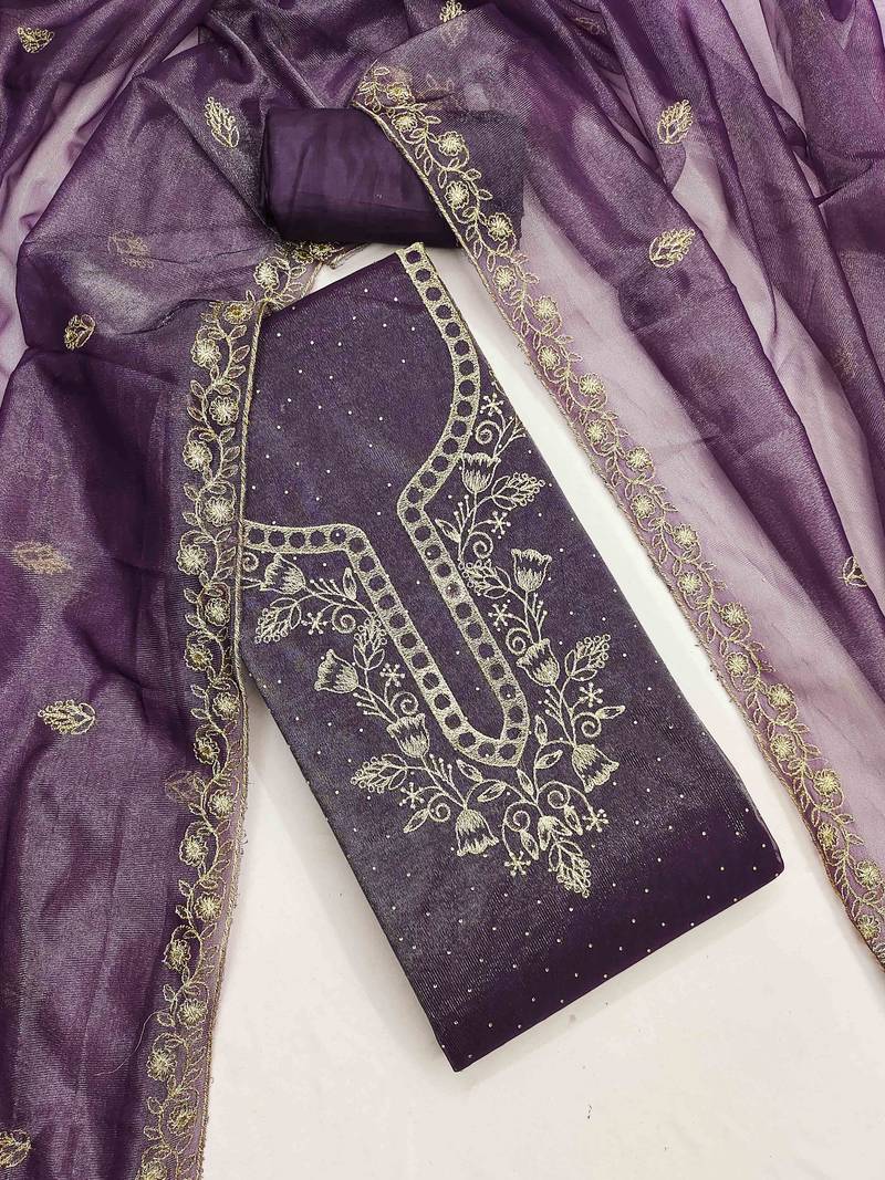 purple organza embroidered unstitched dressmaterials 3 pair top bottom dupptaa