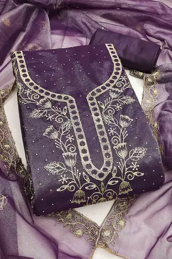 purple organza embroidered unstitched dressmaterials 3 pair top bottom dupptaa