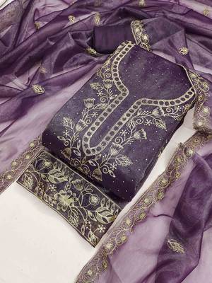 purple organza embroidered unstitched dressmaterials 3 pair top bottom dupptaa 3