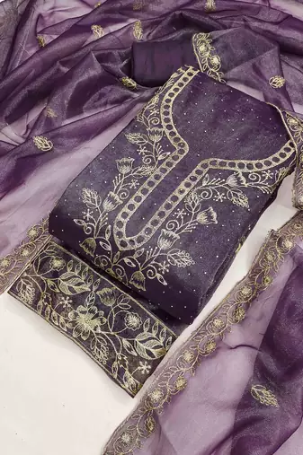 purple organza embroidered unstitched dressmaterials 3 pair top bottom dupptaa