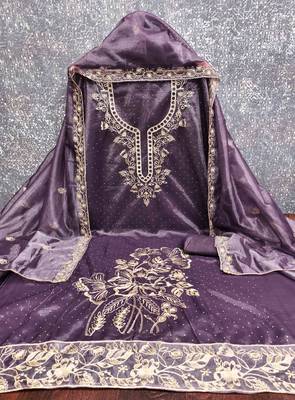 purple organza embroidered unstitched dressmaterials 3 pair top bottom dupptaa 4