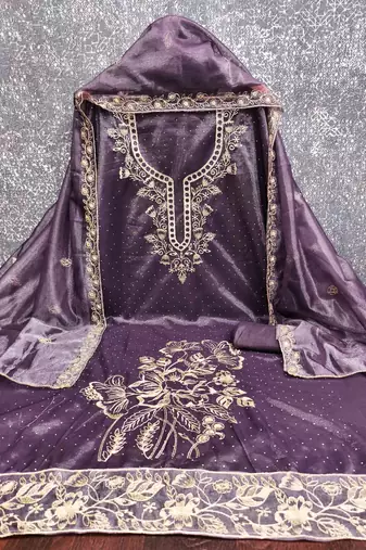purple organza embroidered unstitched dressmaterials 3 pair top bottom dupptaa