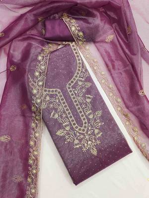 wine organza embroidered unstitched dressmaterials 3 pair top bottom dupptaa 1