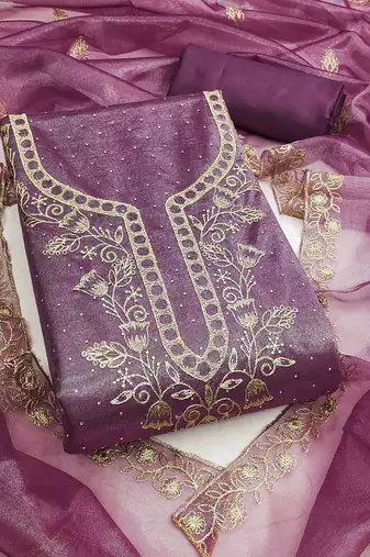 wine organza embroidered unstitched dressmaterials 3 pair top bottom dupptaa