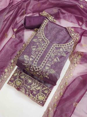 wine organza embroidered unstitched dressmaterials 3 pair top bottom dupptaa 3