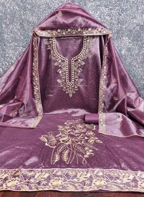wine organza embroidered unstitched dressmaterials 3 pair top bottom dupptaa 4