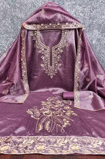 wine organza embroidered unstitched dressmaterials 3 pair top bottom dupptaa