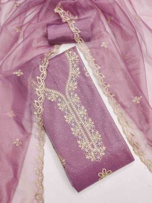 lavender organza embroidered unstitched dressmaterials 3 pair top bottom dupptaa 1