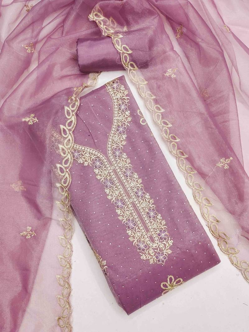 lavender organza embroidered unstitched dressmaterials 3 pair top bottom dupptaa