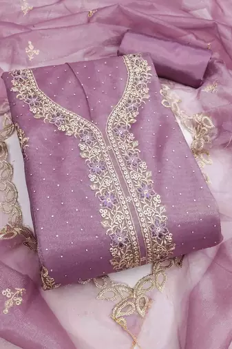 lavender organza embroidered unstitched dressmaterials 3 pair top bottom dupptaa