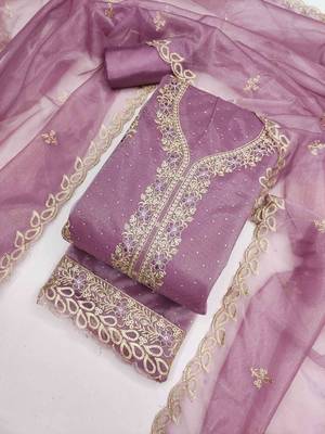 lavender organza embroidered unstitched dressmaterials 3 pair top bottom dupptaa 3