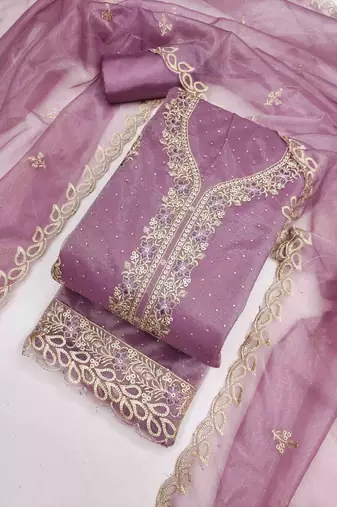 lavender organza embroidered unstitched dressmaterials 3 pair top bottom dupptaa