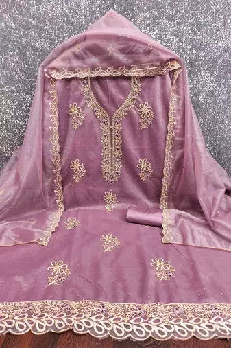 lavender organza embroidered unstitched dressmaterials 3 pair top bottom dupptaa