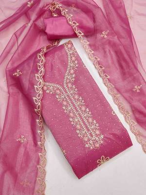 pink organza embroidered unstitched dressmaterials 3 pair top bottom dupptaa 1