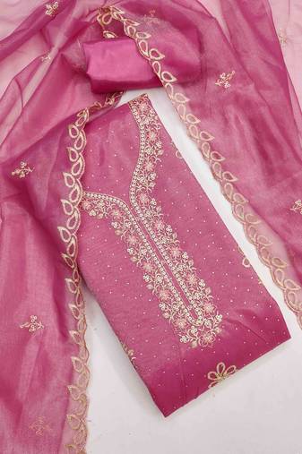 pink organza embroidered unstitched dressmaterials 3 pair top bottom dupptaa