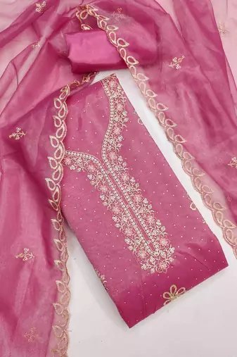 pink organza embroidered unstitched dressmaterials 3 pair top bottom dupptaa