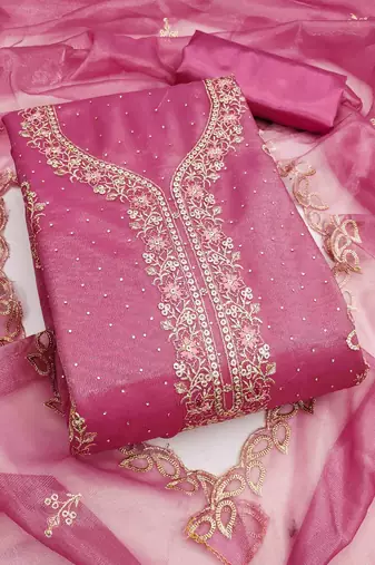 pink organza embroidered unstitched dressmaterials 3 pair top bottom dupptaa