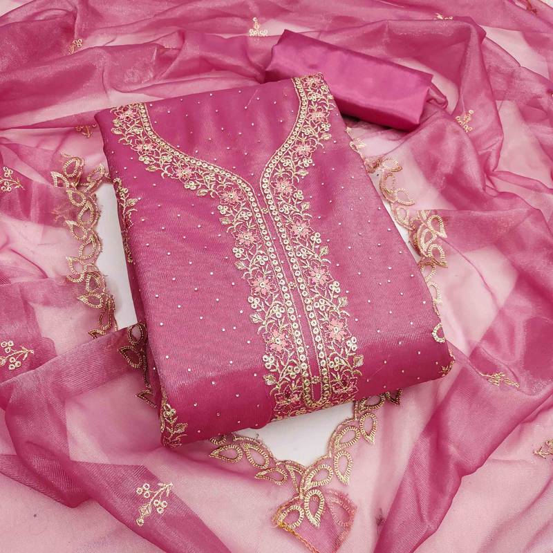 pink organza embroidered unstitched dressmaterials 3 pair top bottom dupptaa