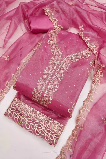 pink organza embroidered unstitched dressmaterials 3 pair top bottom dupptaa