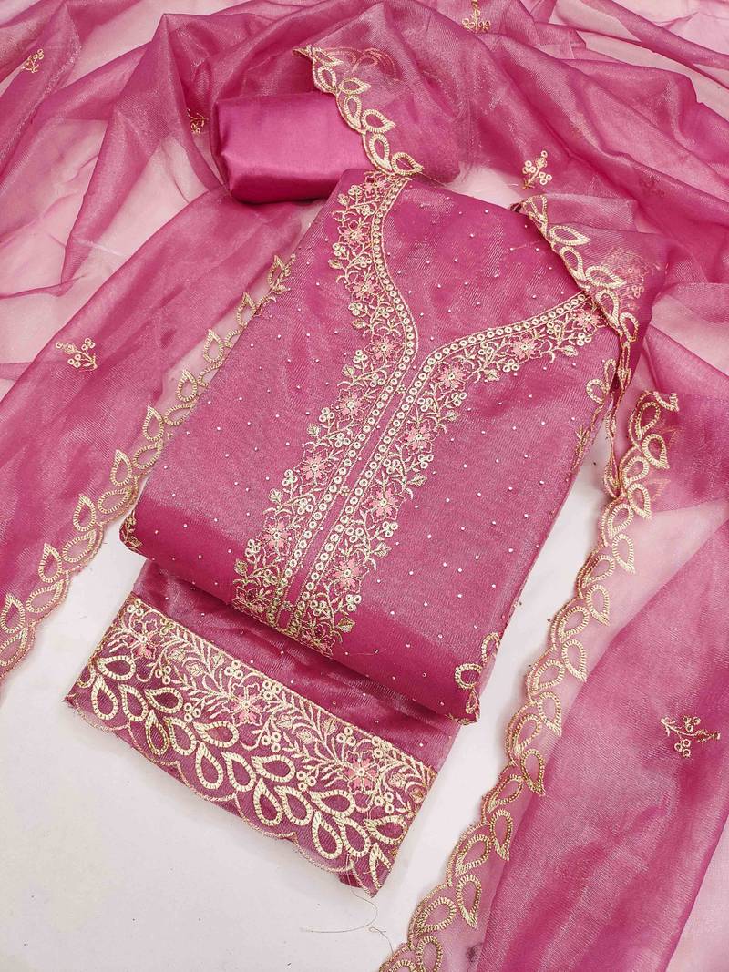 pink organza embroidered unstitched dressmaterials 3 pair top bottom dupptaa