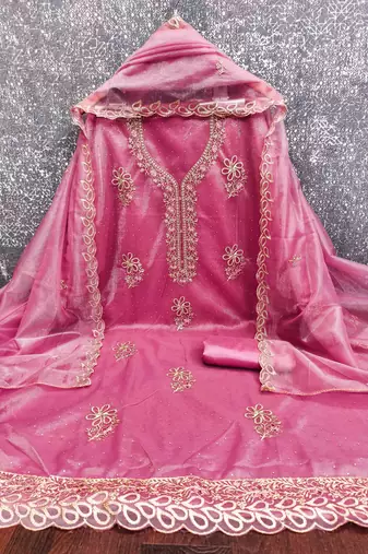 pink organza embroidered unstitched dressmaterials 3 pair top bottom dupptaa