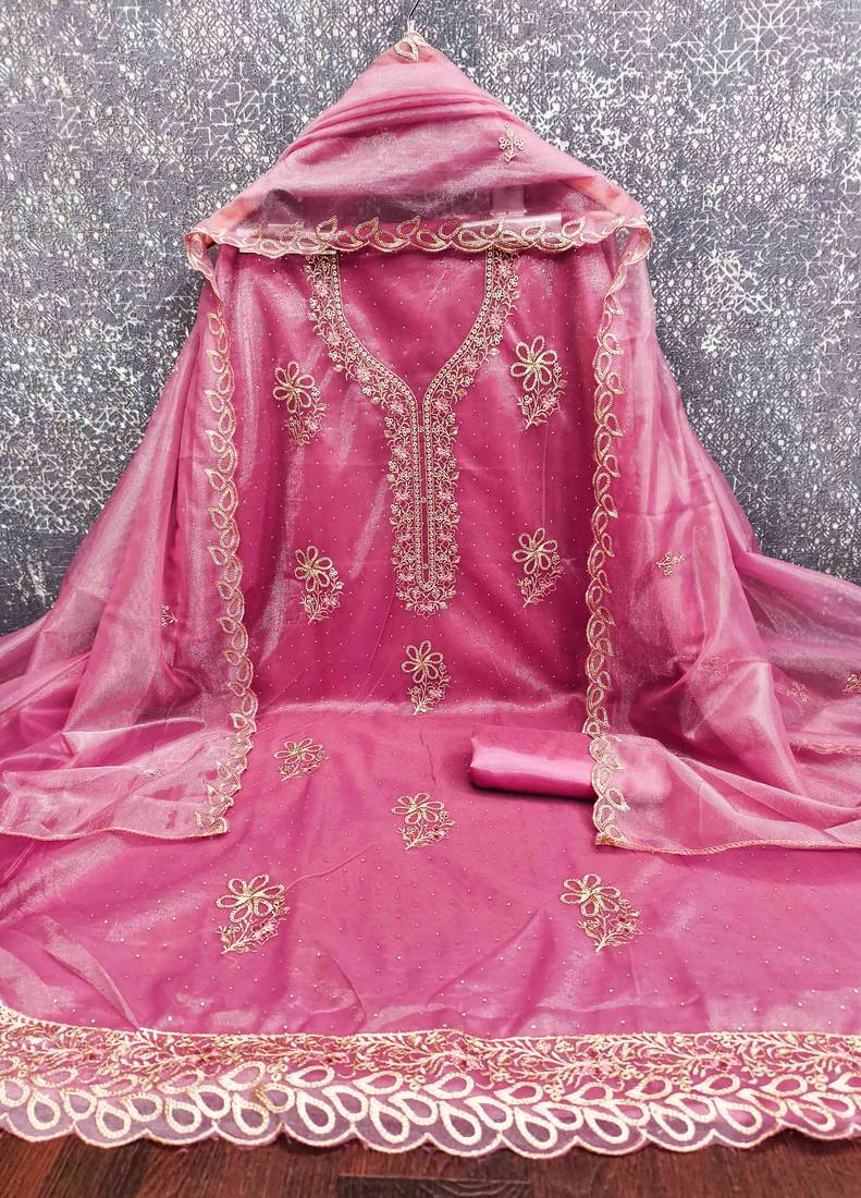pink organza embroidered unstitched dressmaterials 3 pair top bottom dupptaa