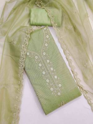 sea green organza embroidered unstitched dressmaterials 3 pair top bottom dupptaa 1