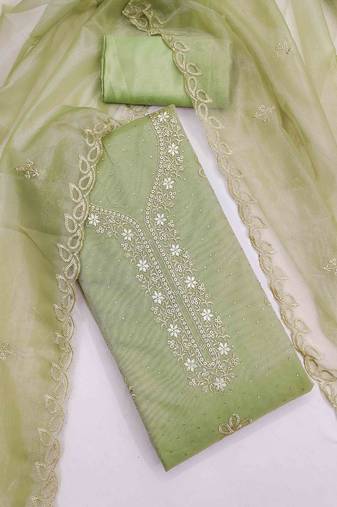 sea green organza embroidered unstitched dressmaterials 3 pair top bottom dupptaa