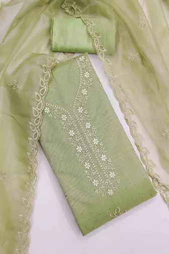 sea green organza embroidered unstitched dressmaterials 3 pair top bottom dupptaa