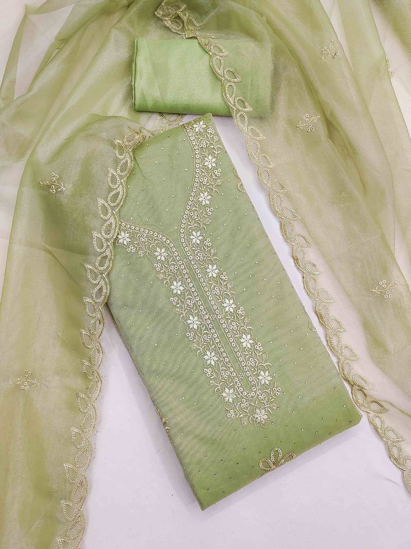 sea green organza embroidered unstitched dressmaterials 3 pair top bottom dupptaa