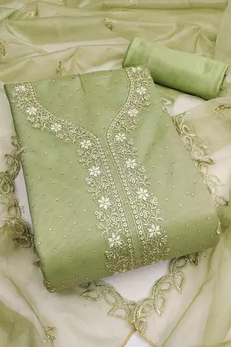 sea green organza embroidered unstitched dressmaterials 3 pair top bottom dupptaa