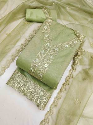 sea green organza embroidered unstitched dressmaterials 3 pair top bottom dupptaa 3