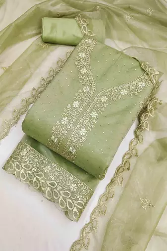 sea green organza embroidered unstitched dressmaterials 3 pair top bottom dupptaa