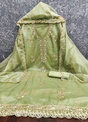 sea green organza embroidered unstitched dressmaterials 3 pair top bottom dupptaa 4