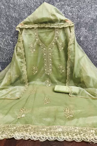 sea green organza embroidered unstitched dressmaterials 3 pair top bottom dupptaa